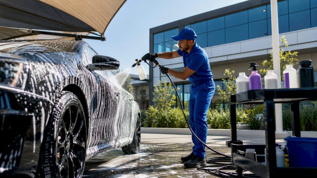 Professional washing car exterior with foam cannon