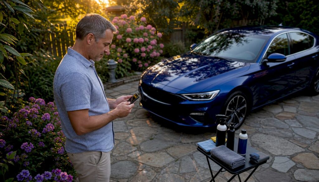 Man scheduling car detailing on phone outdoors