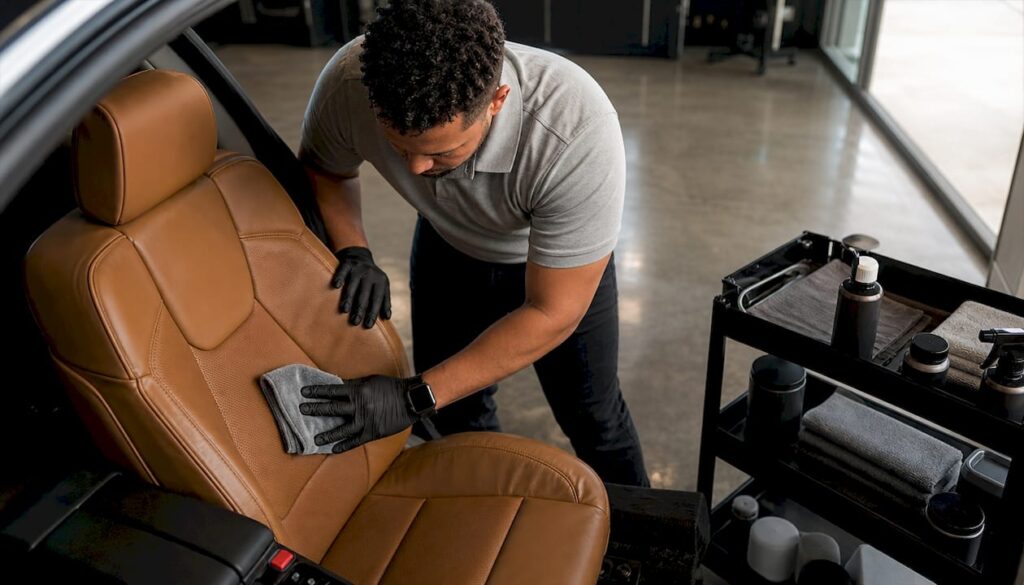 Professional cleaning car leather seat with microfiber cloth