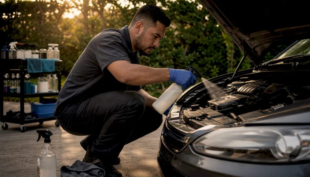 Automotive detailer spraying degreaser on car engine