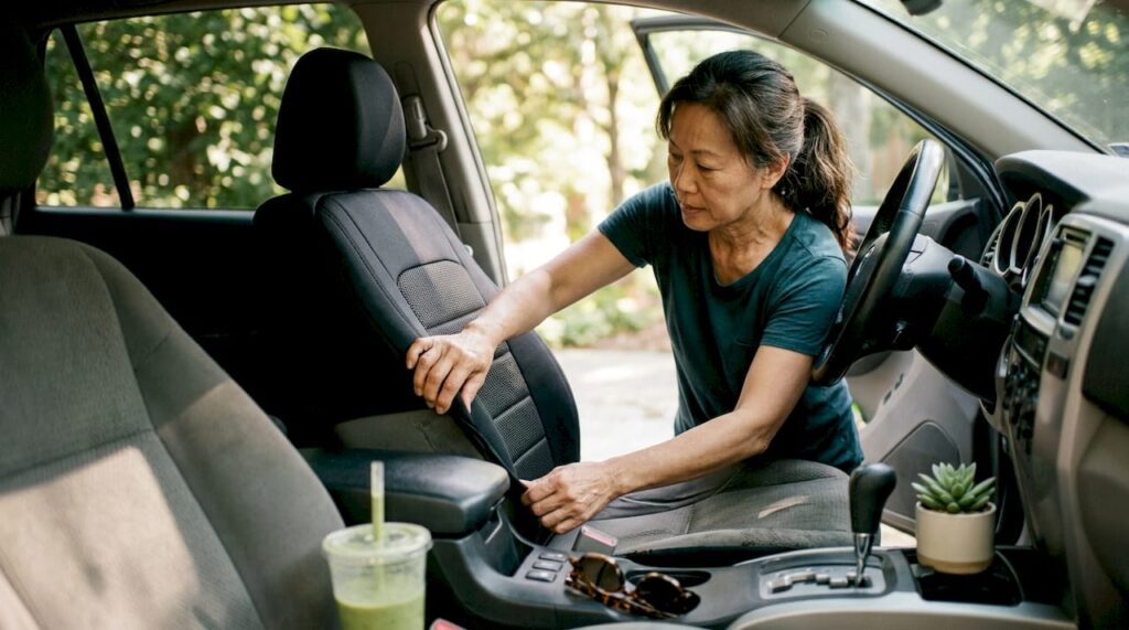 Woman installing custom car seat cover