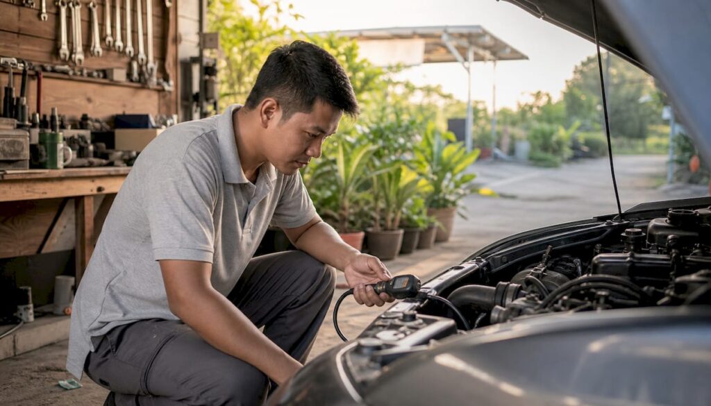 Mechanic inspecting car engine in garage