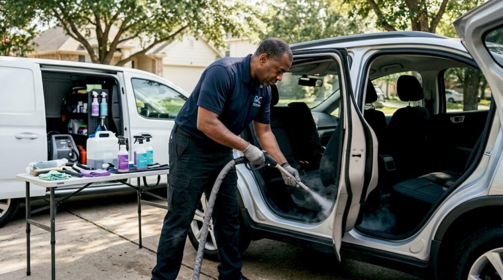 Professional steam cleaning car interior