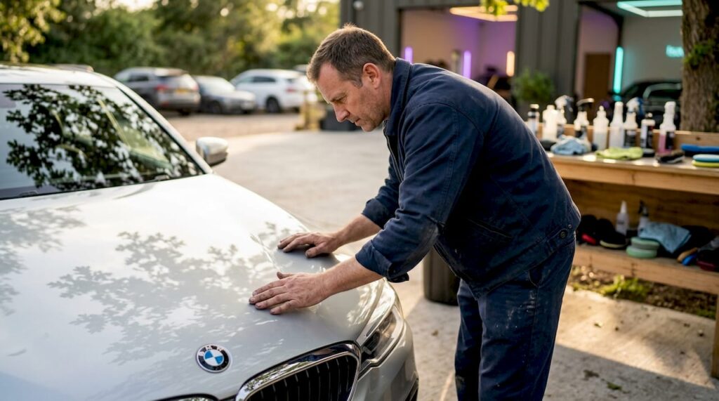 Mechanic inspecting car in service garage