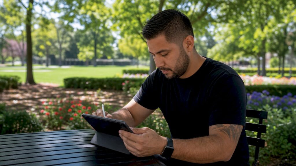 Mobile detailer creating invoice on tablet inside van