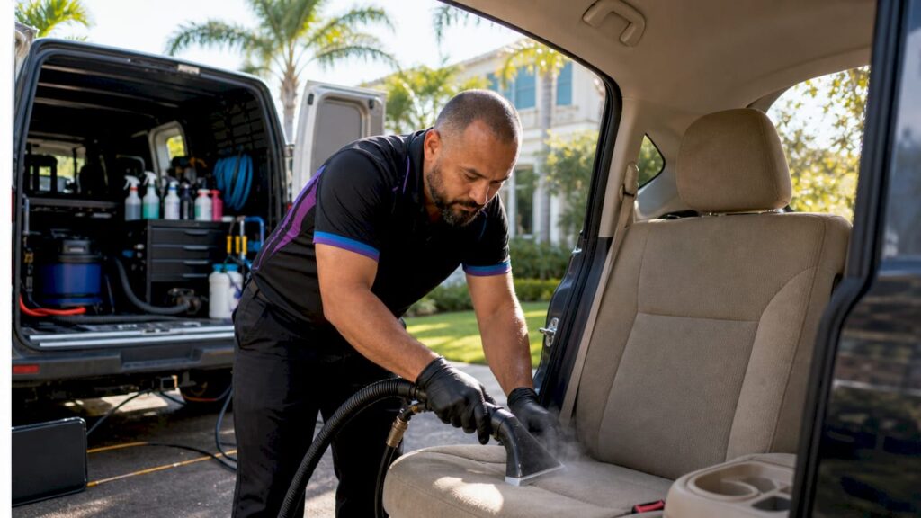 Technician steam cleaning car interior seat