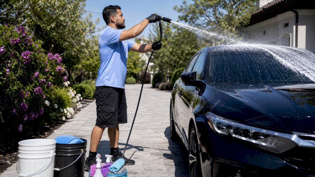 Mobile car detailer washing sedan outdoors