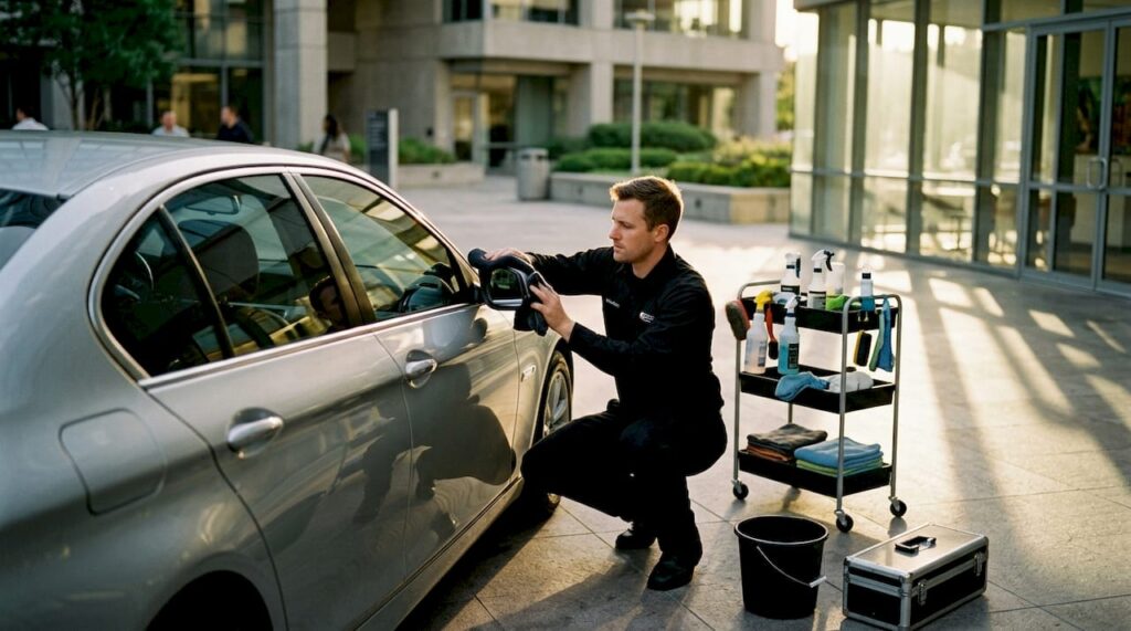 Mobile detailer cleaning car side mirror