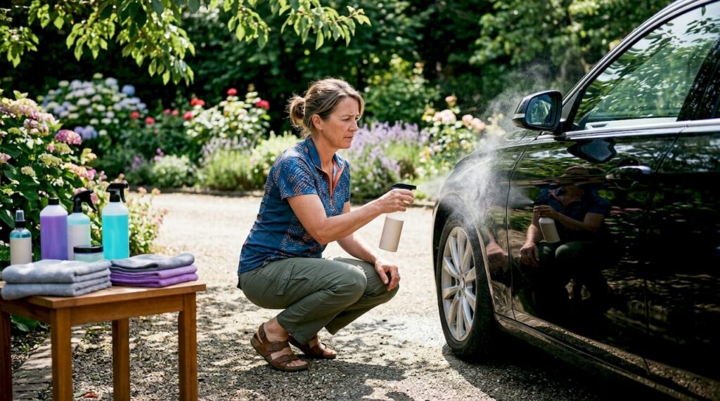 Woman spraying waterless car wash on car