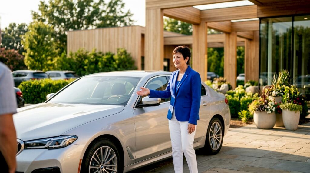 Car salesperson presenting a clean car in showroom
