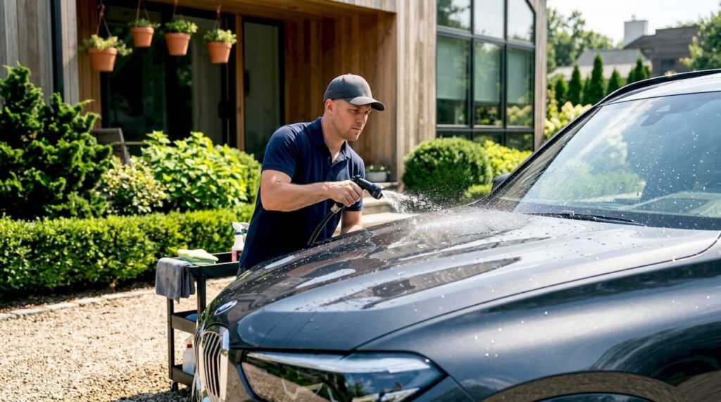 Professional detailer washing SUV outdoors