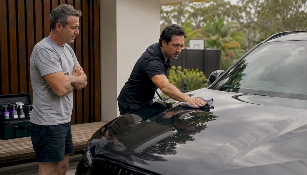 Detailer applying ceramic coating to car hood outdoors