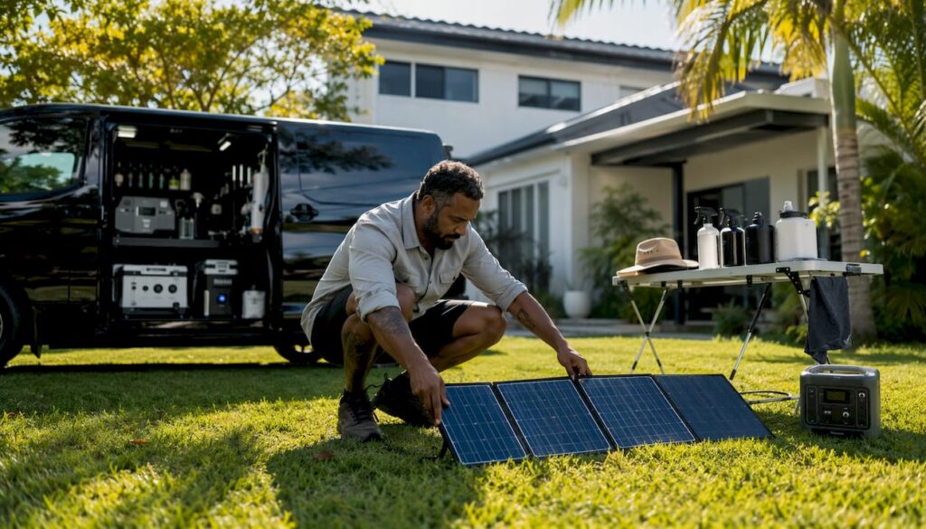 Mobile detailer setting up solar panels outdoors