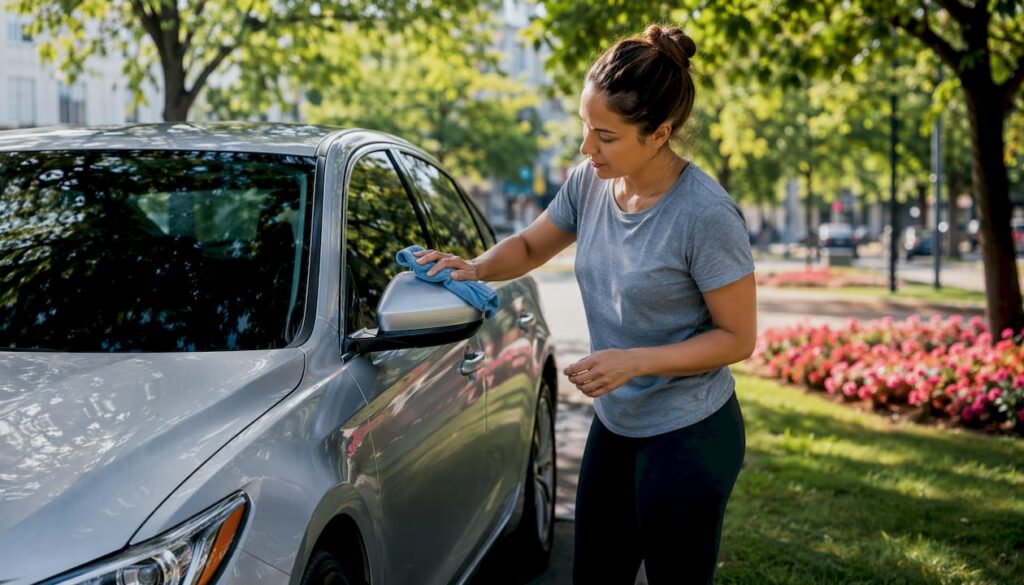 Woman wiping car side mirror outdoors