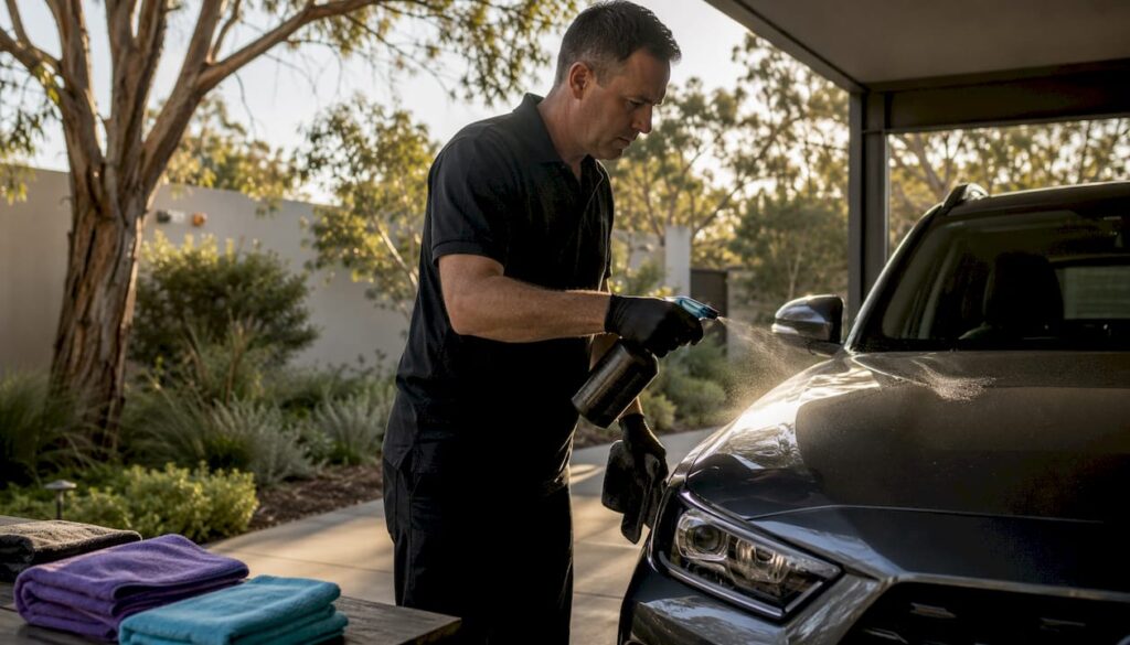 Man washing car with household sponge outdoors