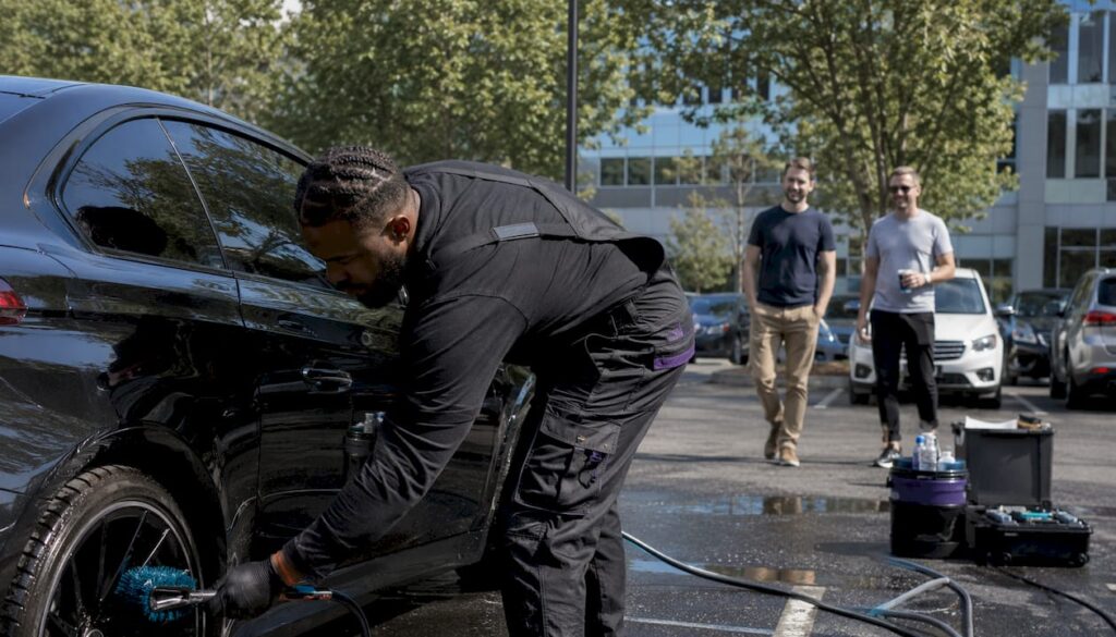 Mobile detailer cleaning car in office parking lot