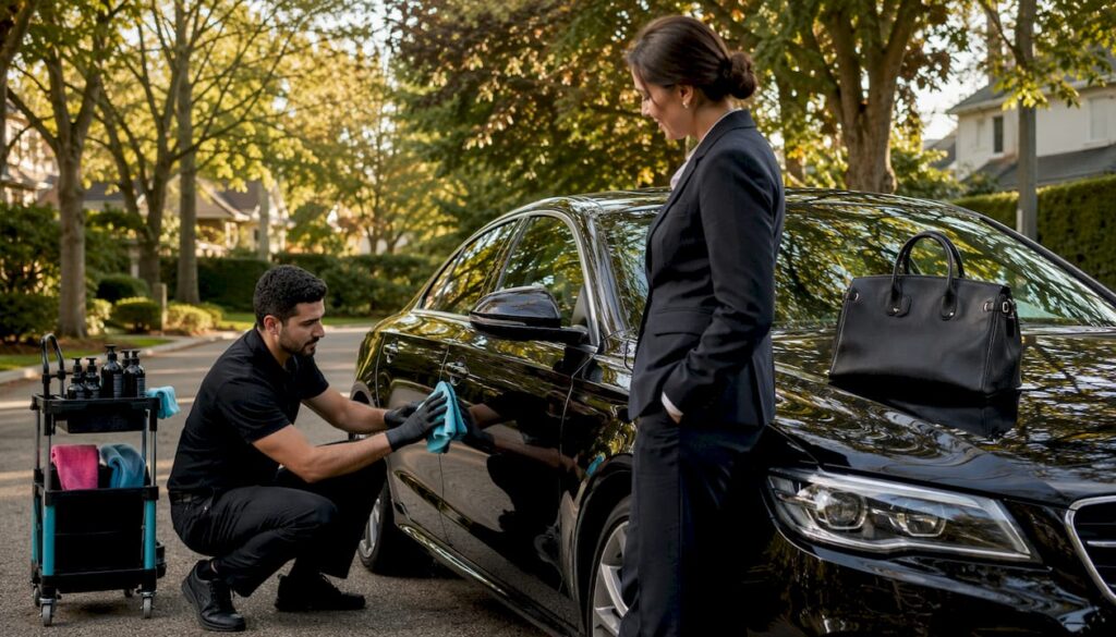 Executive's car being detailed outdoors