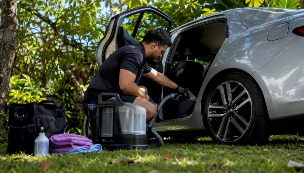Technician performing mobile car stain extraction on sedan seat