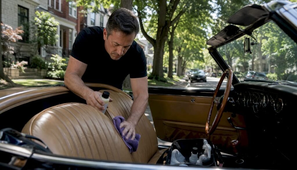 Man cleaning tan leather car seat