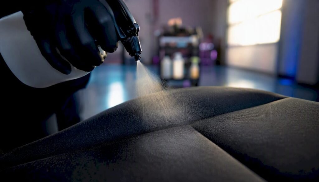 Detailer applying fabric protectant on car seat