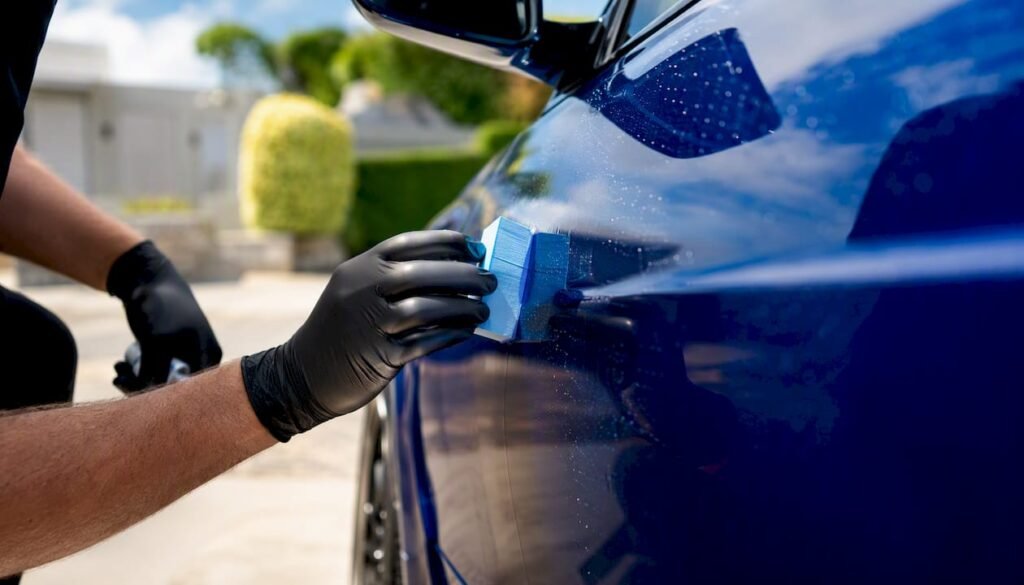 Hands applying ceramic coating to car door