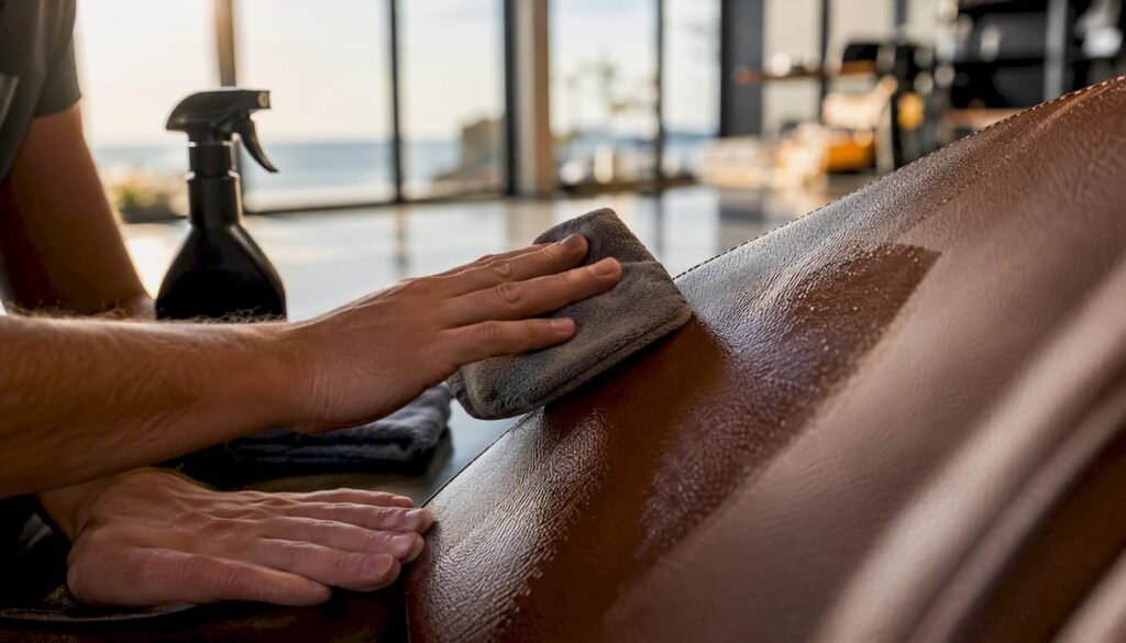 Hands cleaning leather car seat close-up