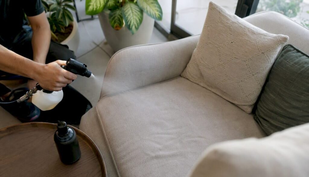 Close-up of fabric protection spray on sofa