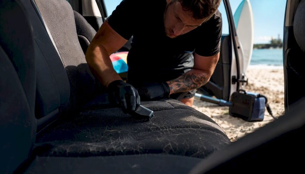 Technician brushing pet hair from car seat
