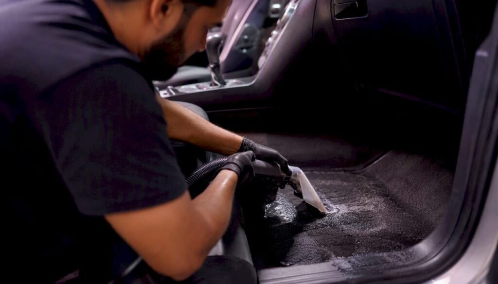 Carpet extractor cleaning car interior carpet