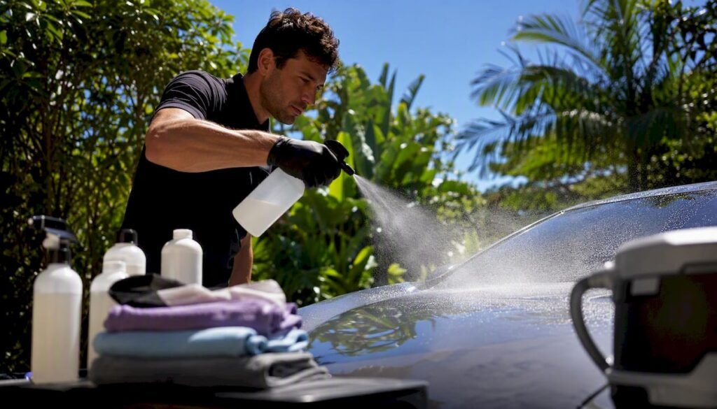 Person spraying eco-friendly car cleaner