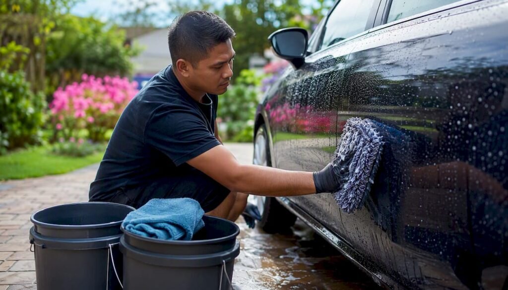Hand washing car with microfibre mitt after coating
