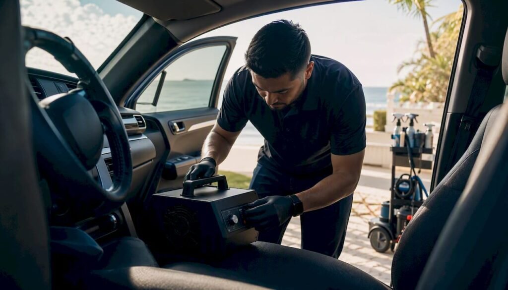 Technician placing ozone generator in car interior