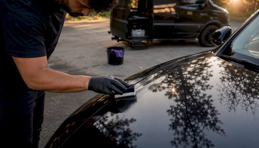 Close-up of ceramic coating application on car paint