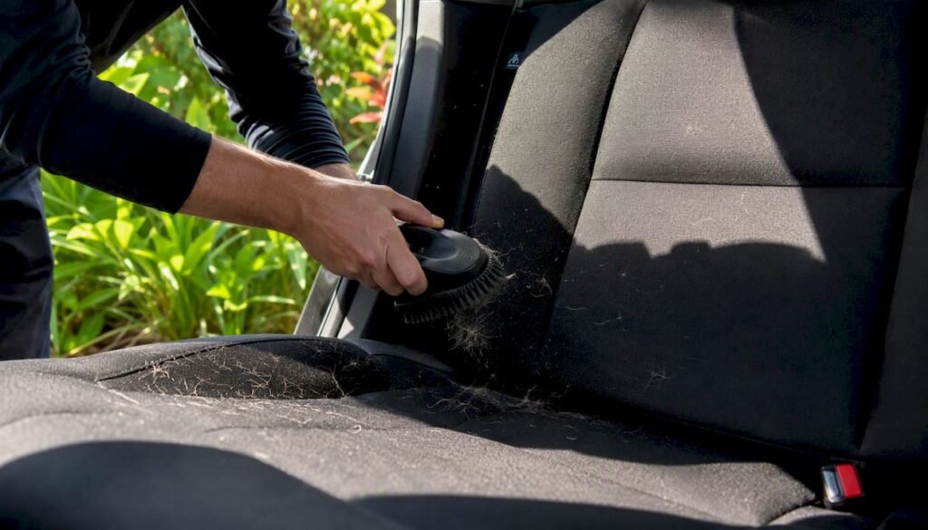Detailer brushing pet hair off car seat