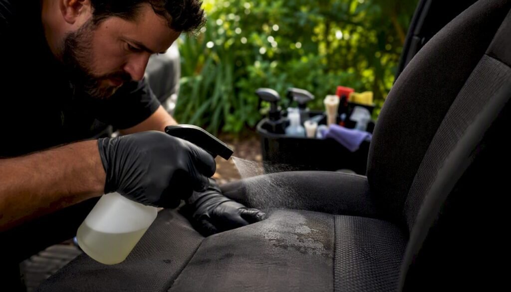 Detailer applying enzymatic cleaner to car seat