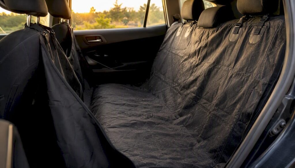Car rear seat with hammock pet cover installed