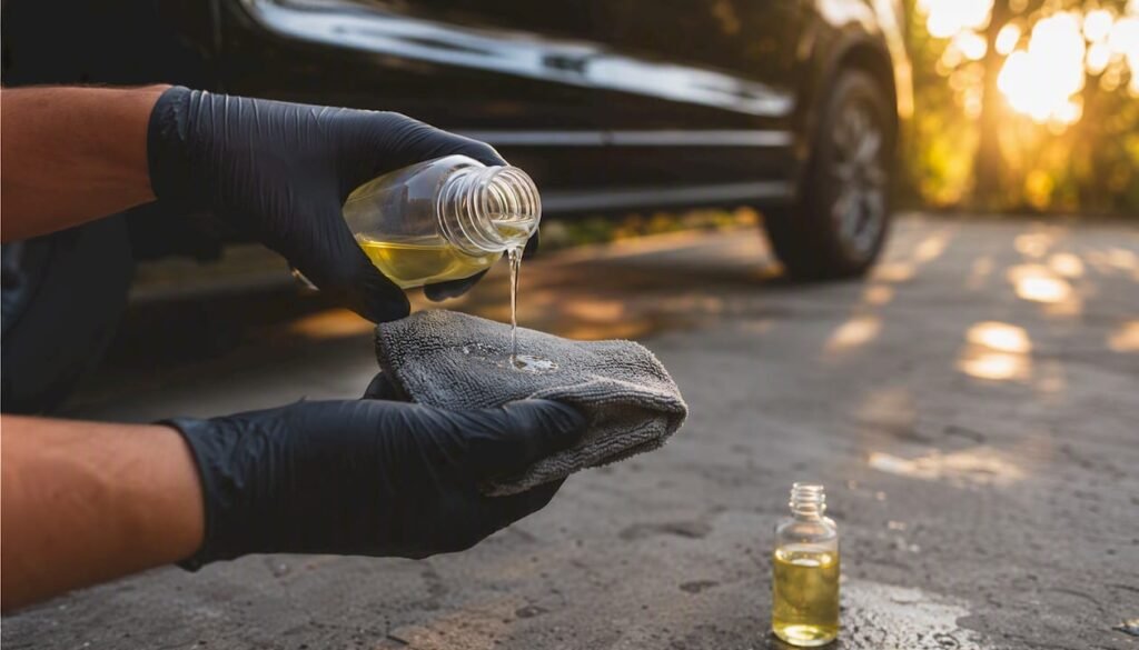 Hands applying car tar remover with microfibre cloth
