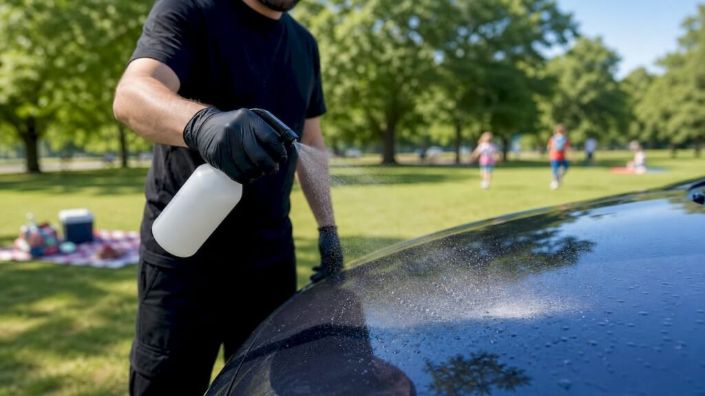 Detailer spraying iron remover onto car bonnet