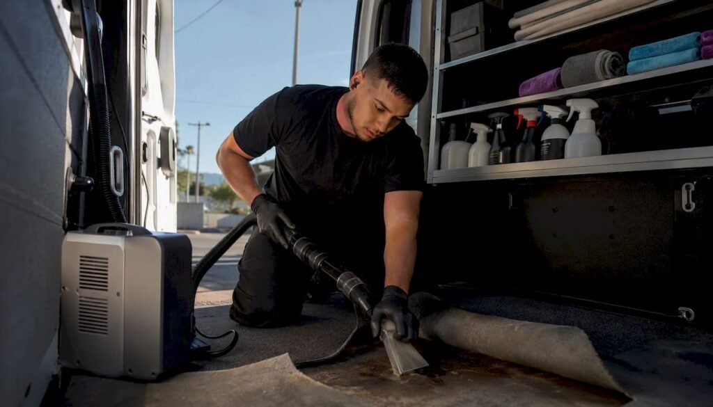 Wet vacuum extracting moisture from car carpet