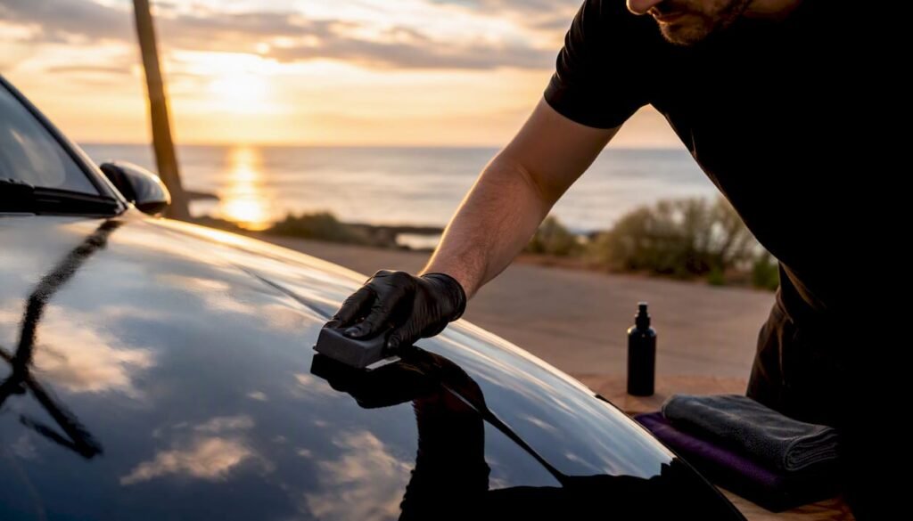 Detailer applying ceramic coating on car hood