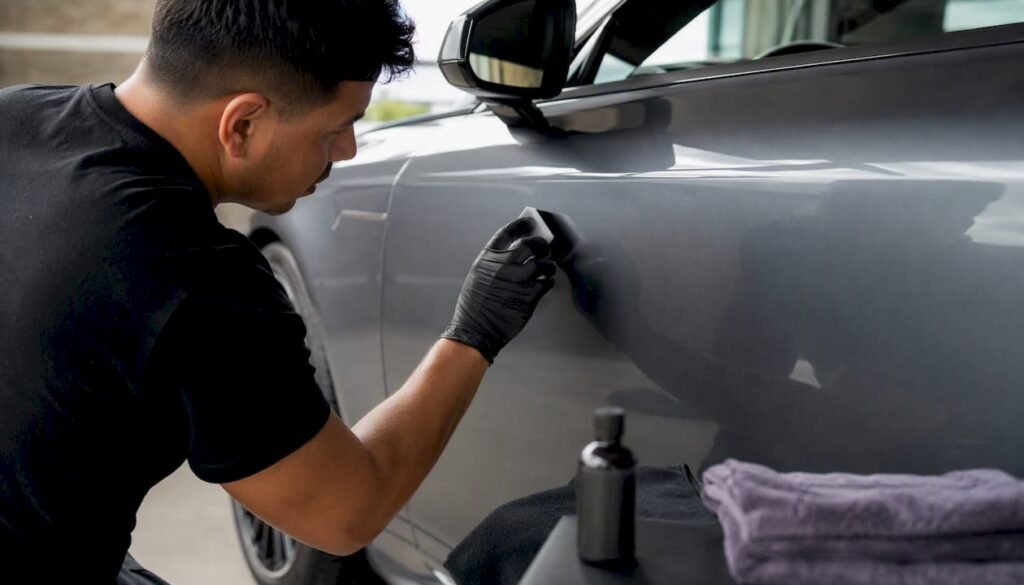 Detailer applying ceramic coating on car paint panel