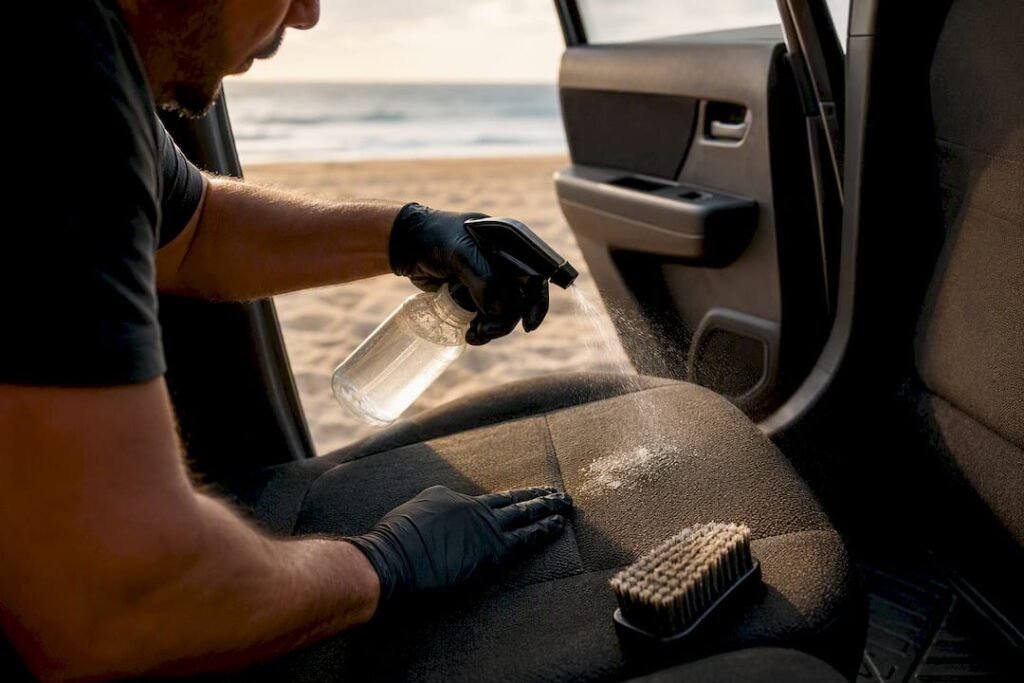 Detailer treating pet urine spot on car seat fabric