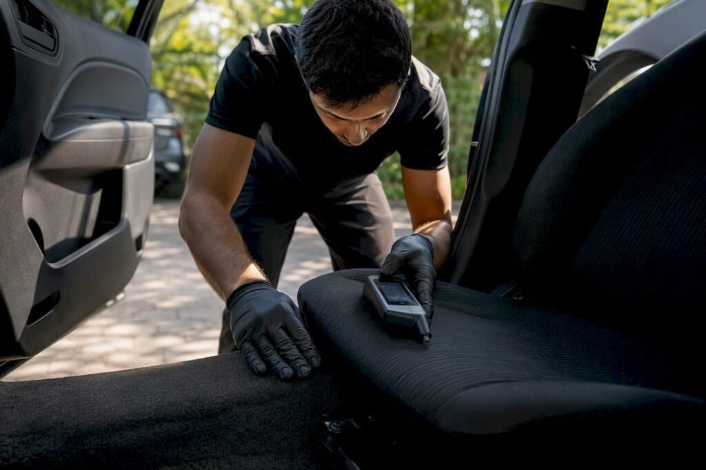 Detailer inspecting car seat with moisture meter