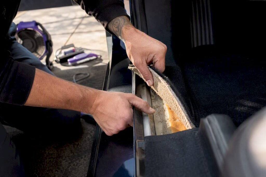 Hands lifting car carpet edge to check mould