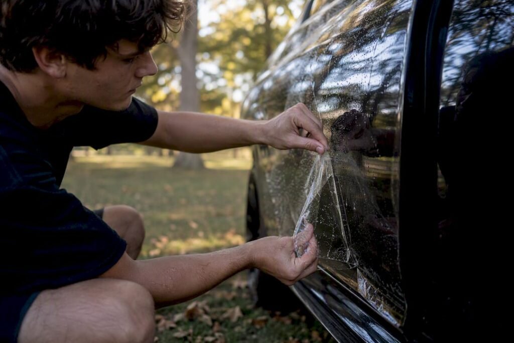 Hands removing paint protection film from car door