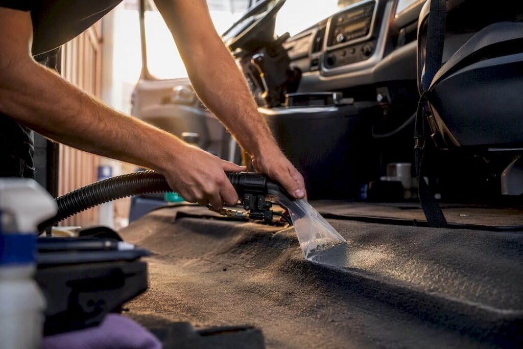 Detailer steam-extracting car interior carpet
