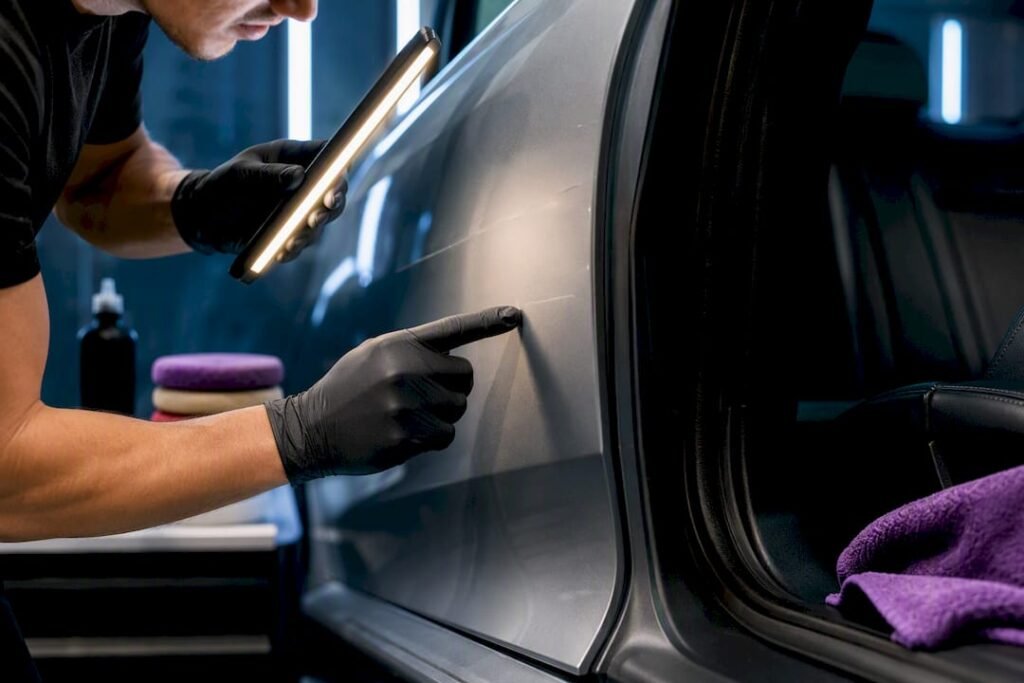 Detailer inspecting vehicle paint before lease return