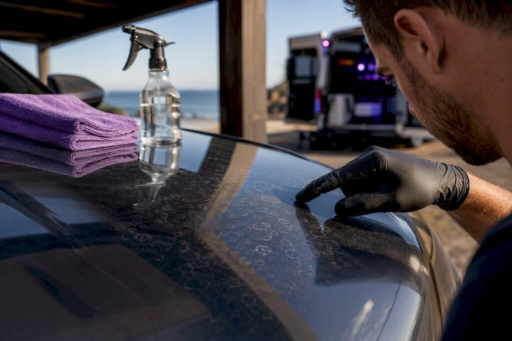 Detailer inspecting mineral water spots on paint