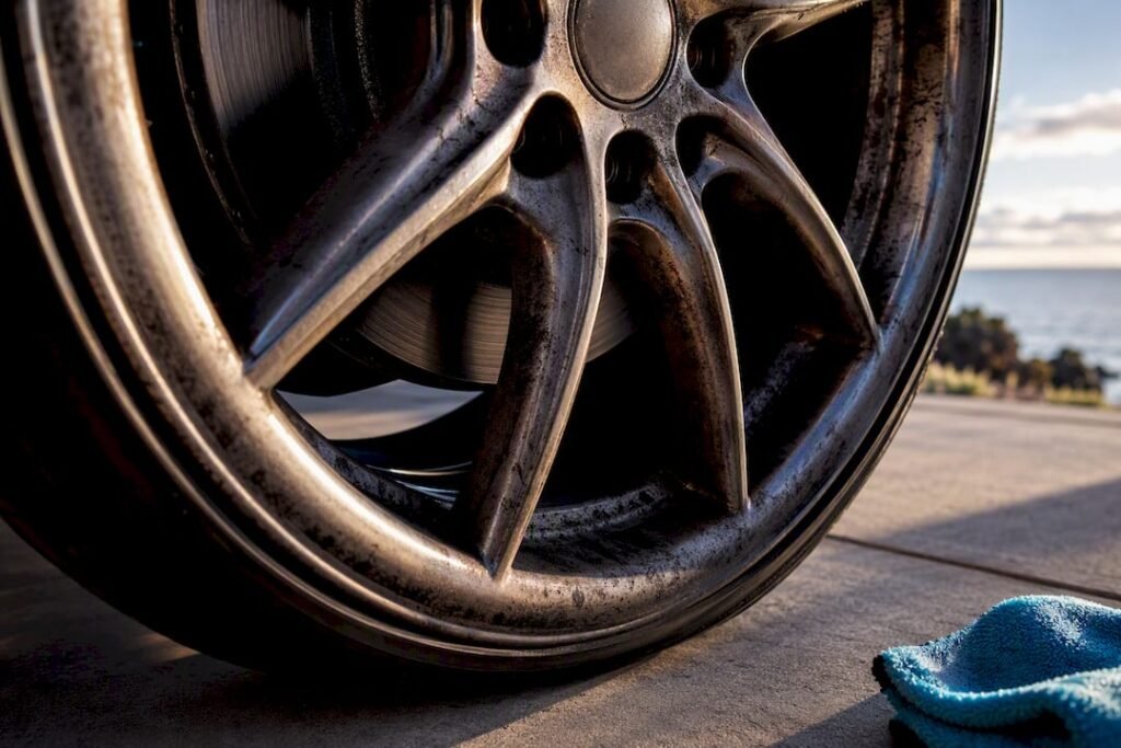 Brake dust bonded to an alloy wheel