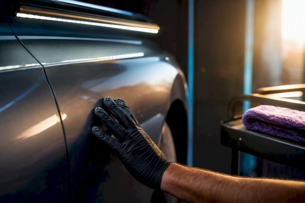 Detailer inspecting ceramic coated paint panel